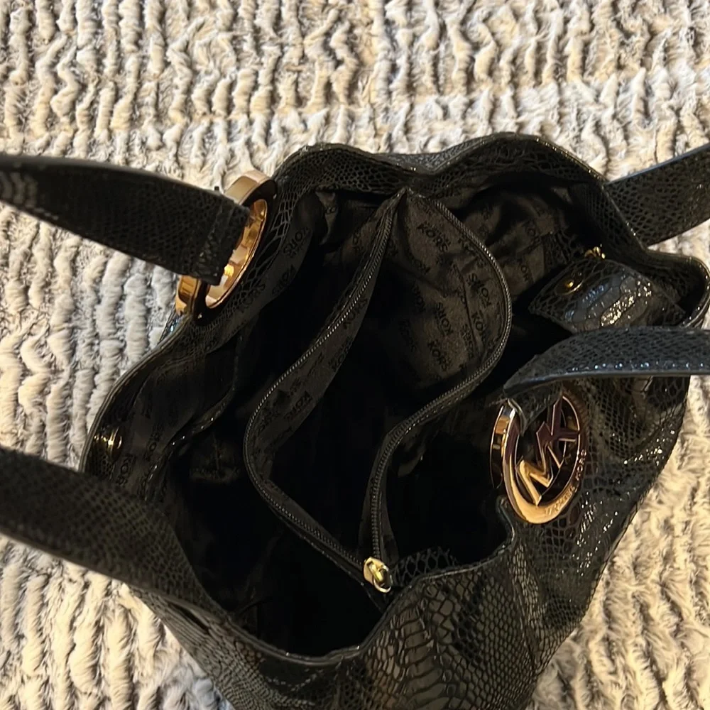Michael Kors Fulton Black Snake skin Genuine Leather Tote Bag with Gold …